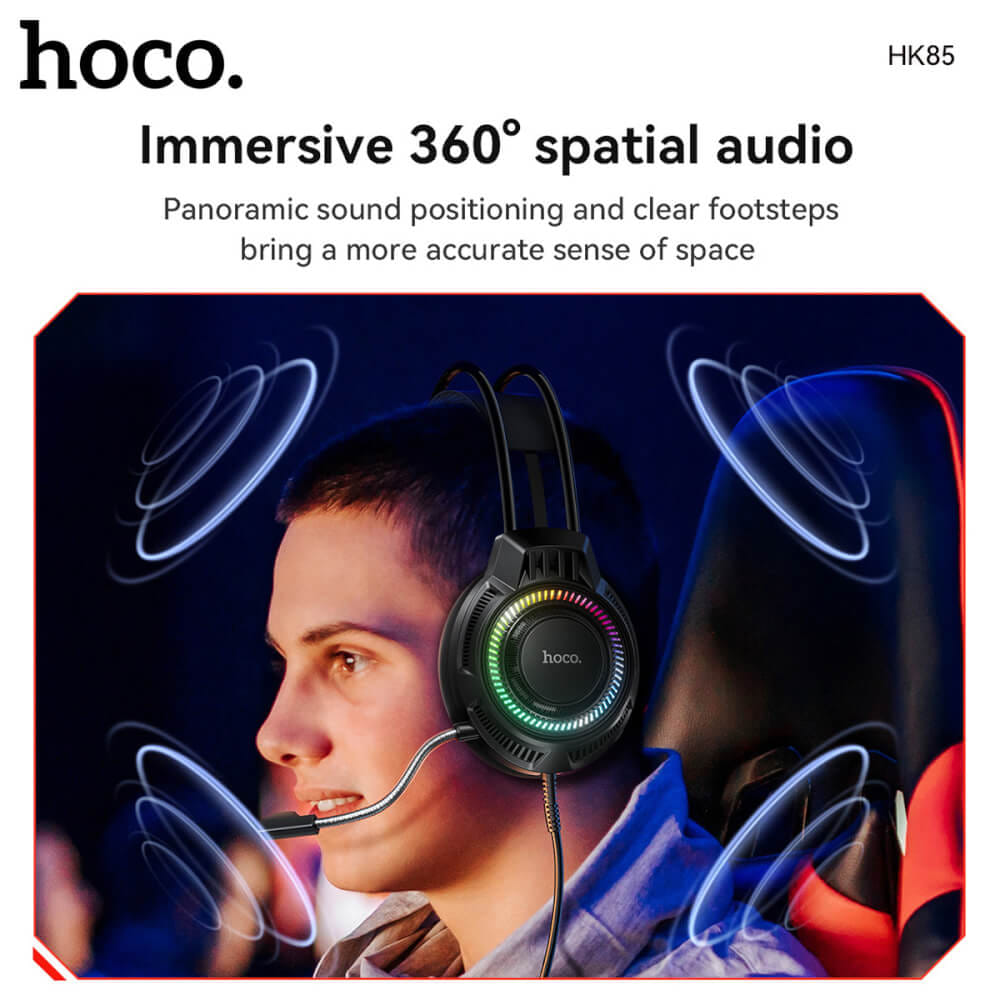 หูฟังเกมมิ่ง HOCO HK85 ดอกลำโพง 40MM ไมโครโฟน HD ถอดออกได้ แต่งไฟ RGB สายแจ็ค USB ยาว 2 เมตร